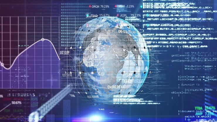 Animation of globe and financial data over navy digital space
