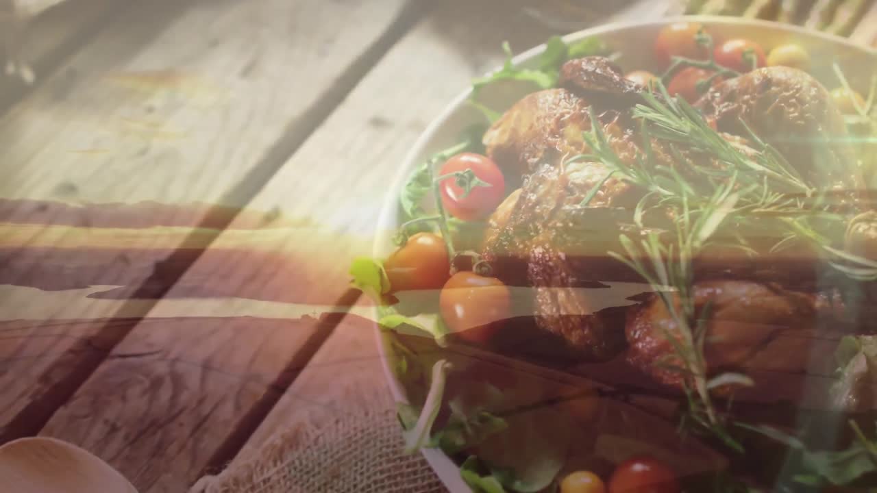 나무 바탕에 음식이 있는 접시 위의 풍경의 애니메이션