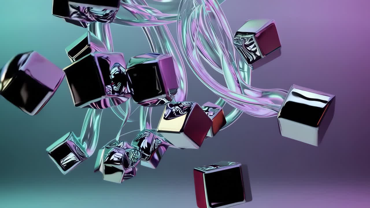 Abstract 3D Render of Floating Iridescent Cubes