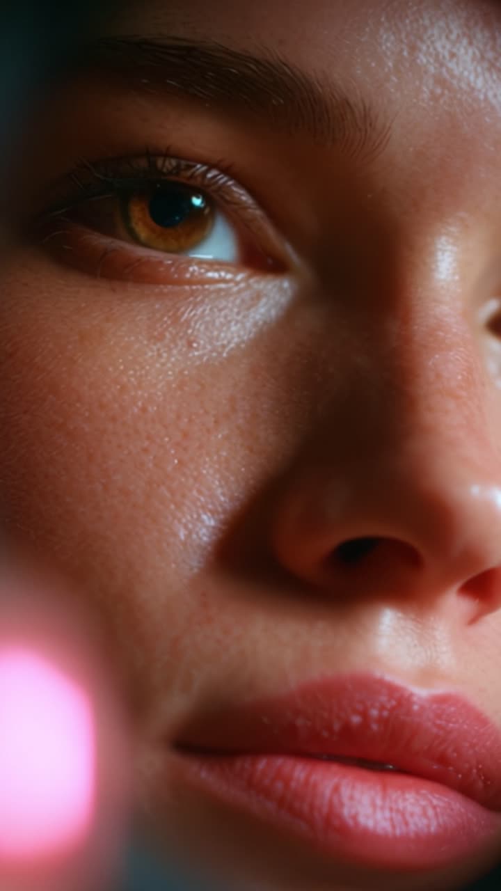 Close-Up Portrait Capturing the Intense Expression and Natural Beauty of a Young Woman's Face Featuring Stunning Detailed Eyes and Lips against a Soft Backdrop