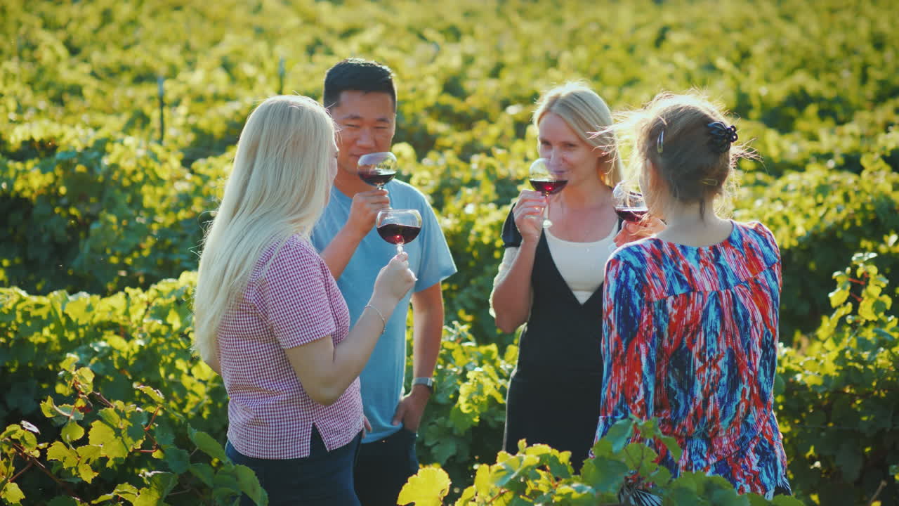 포도원 와인 투어에서 와인을 시음하는 다민족 관광객 그룹 및 프로의 장소로의 여행