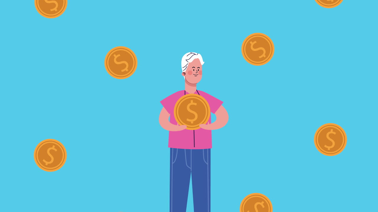 동전을 들어올리는 사업가 달러 캐릭터 애니메이션