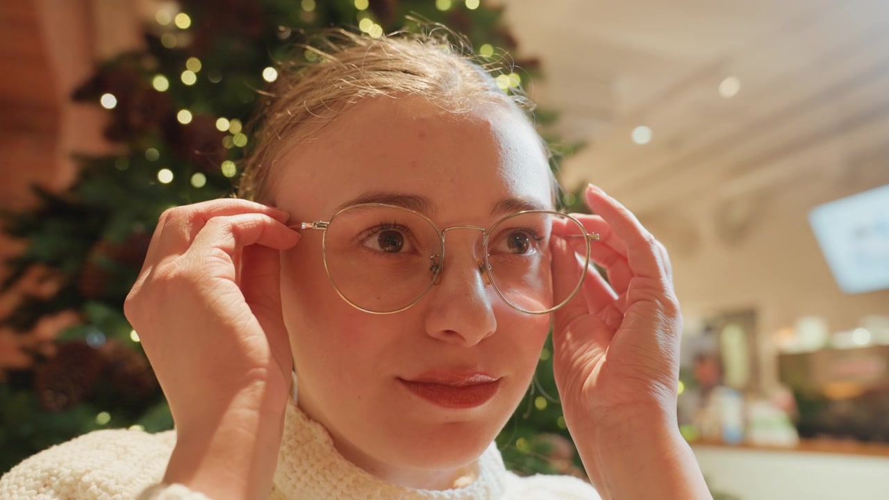Jonge vrouw zet ronde bril op met kerstboom op de achtergrond.
