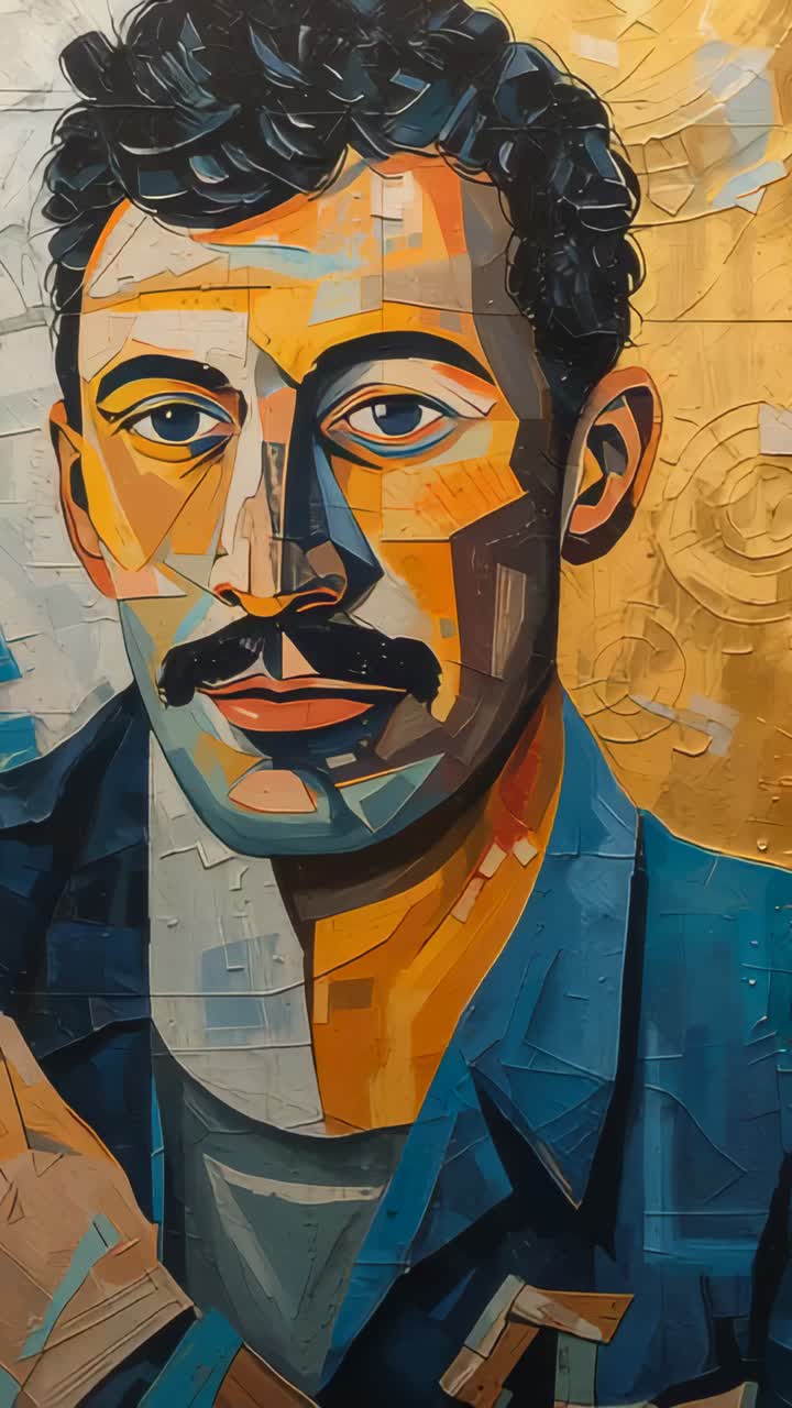 Vertical video: Moving camera revealing mural portrait at wall, showing blue shirt, circular relief
