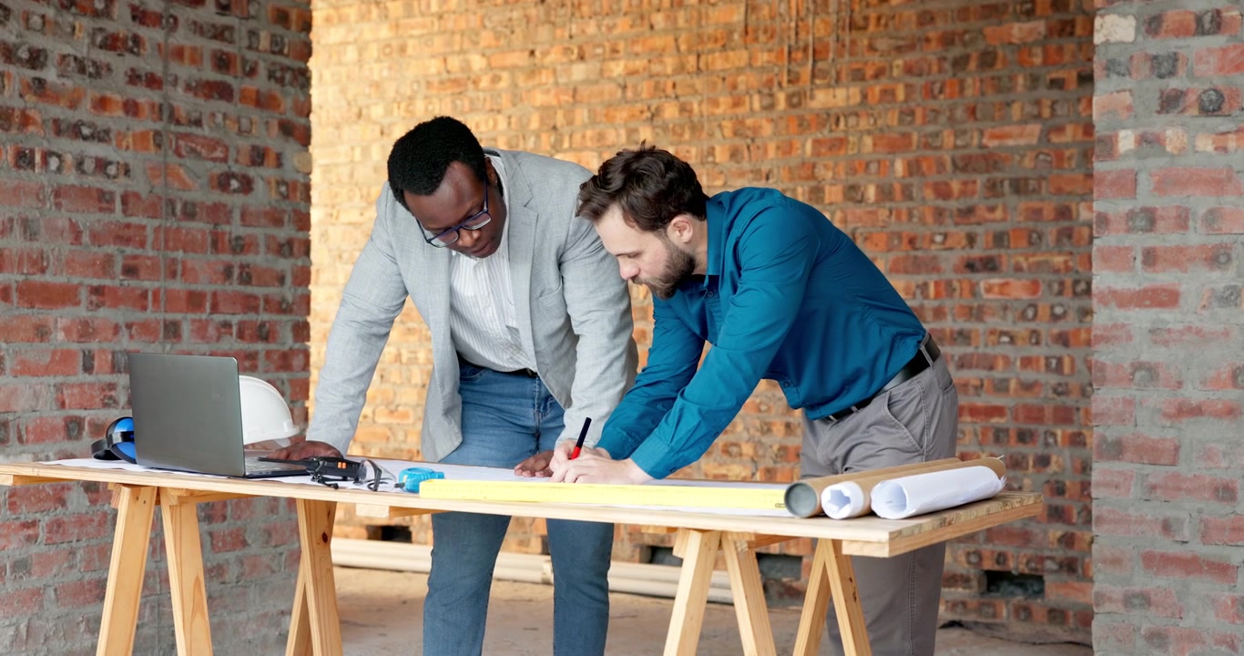 Architects Reviewing Blueprints at Construction Site