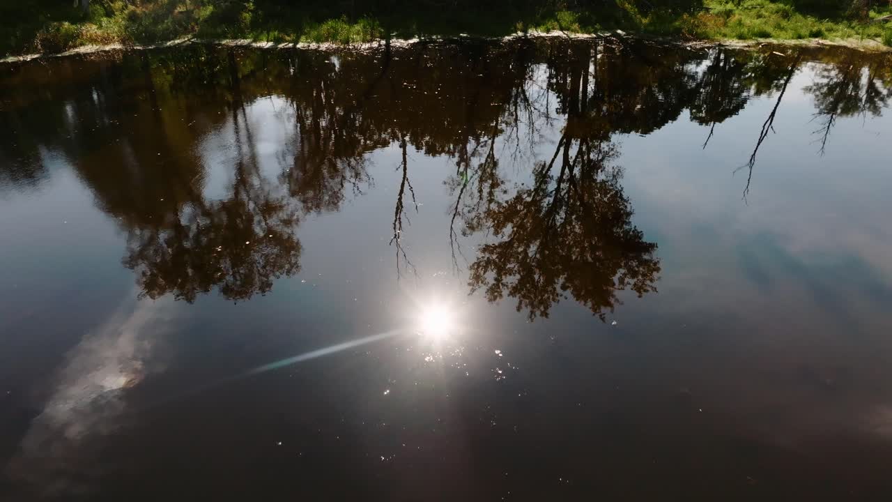 aerial drone shot of the sun and trees reflecting off of the surface of a calm pond