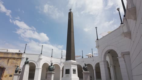 France-Square-in-Casco-Viejo,-Panama-City-with-statues-and-a-central-obelisk-under-a-clear-sky