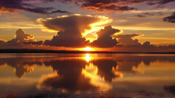 Golden sunset over calm lake with dramatic cloud reflections