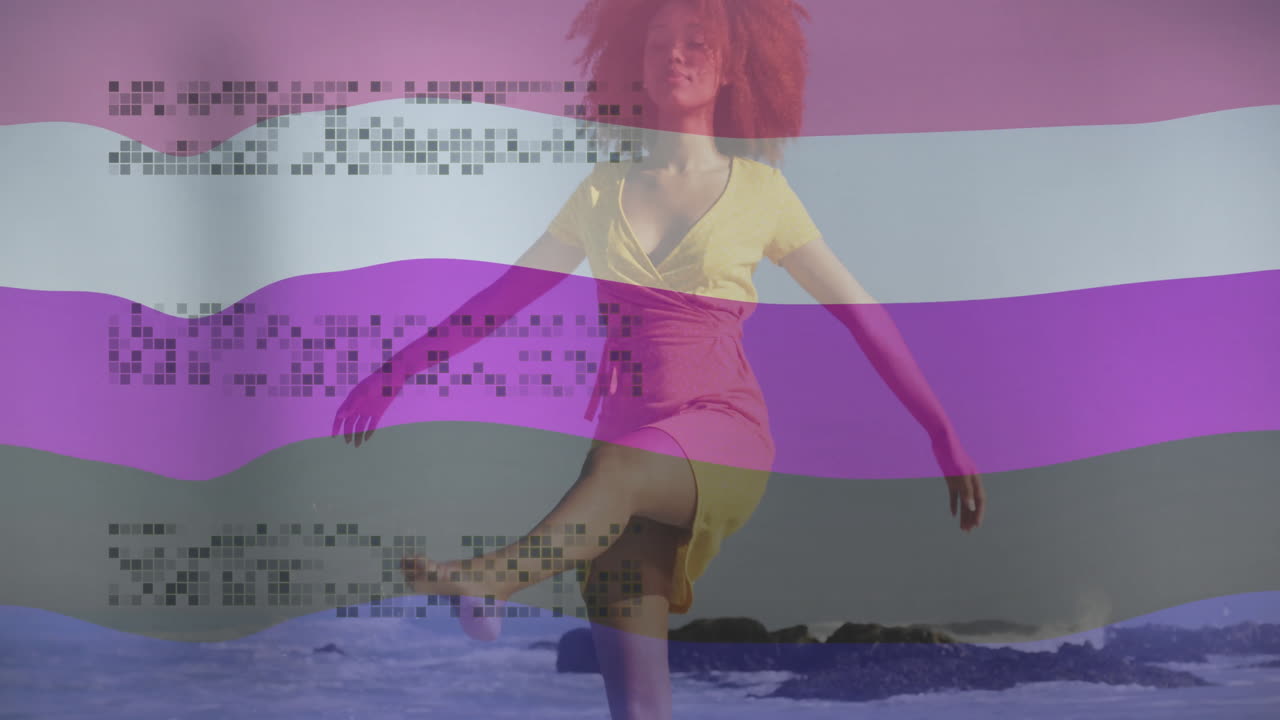 Dancing joyfully, woman on beach with colorful stripes and animation text overlay