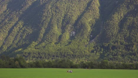 Eine-Gruppe-Von-Menschen,-Die-Durch-Eine-Riesige-Wiese-Mit-Einer-Dramatischen-Bergkulisse-Laufen