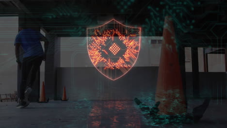 male adult practicing soccer dribbling in sports training facility, with digital shield hologram