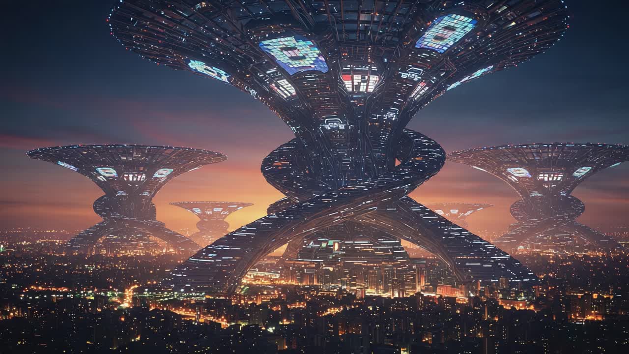 A Stunning Futuristic Cityscape with Surreal Spiral Structures Towering Over the Skyline at Dusk, Highlighting Advanced Technology and Imaginative Architecture