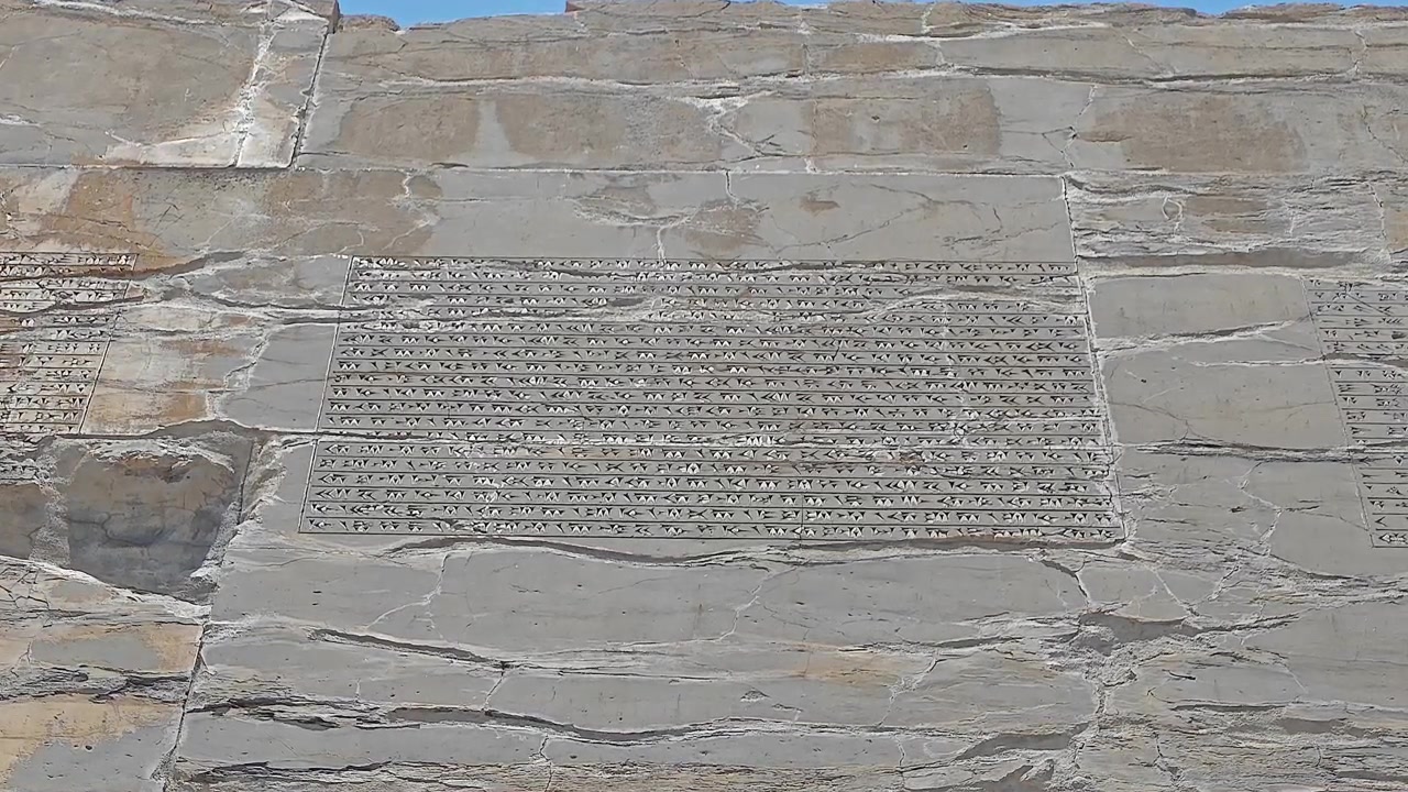 Antica iscrizione cuneiforme incisa su una parete di pietra a Persepoli