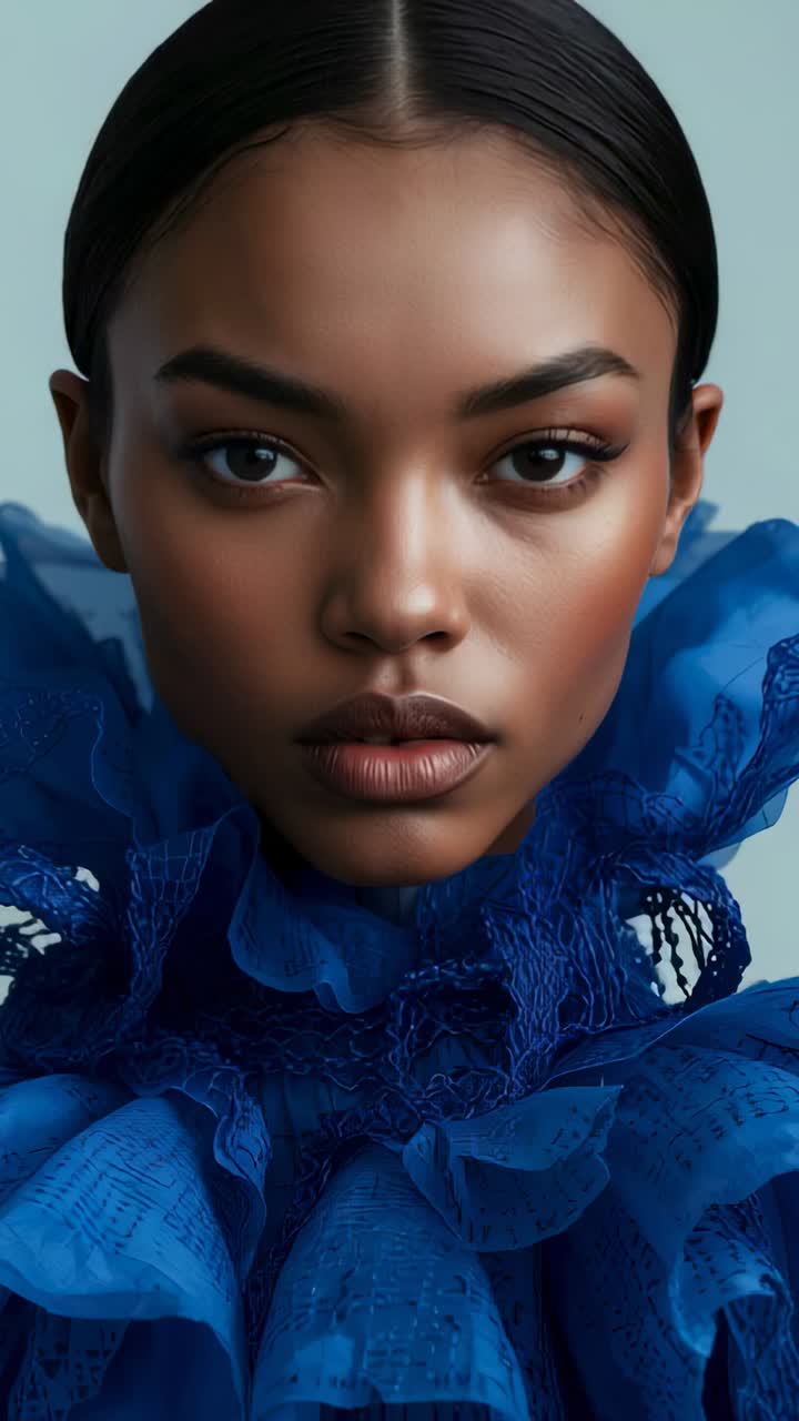 Vertical video: Camera starting, female model holding gaze in studio, showing blue ruffled garment