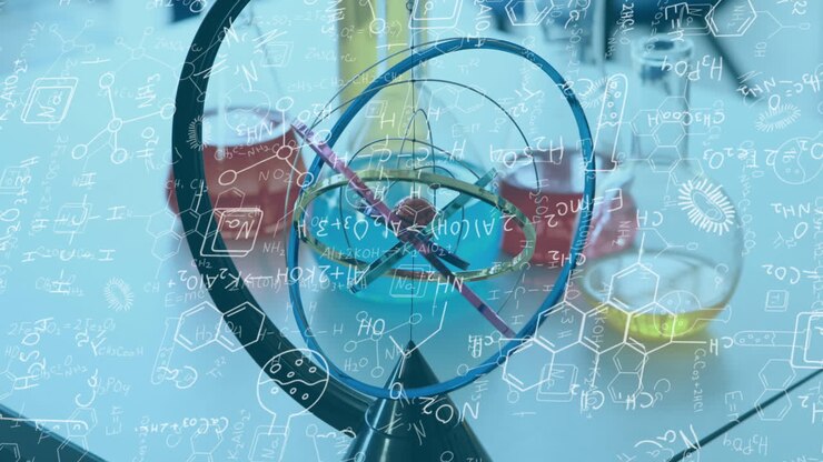 Animazione di composti chimici e formule scientifiche su modello atomico in laboratorio
