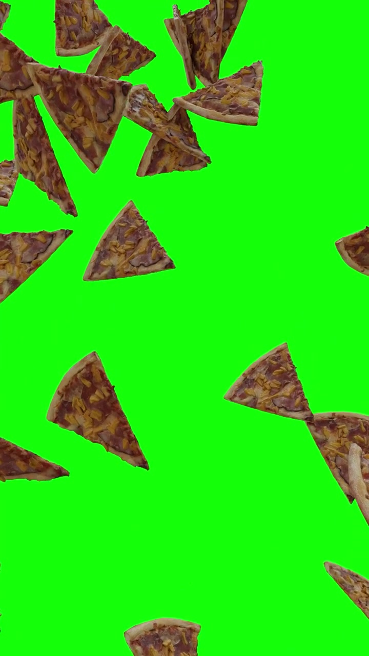 Fette di pizza Aloha in caduta su video con schermo verde verticale con maschera alfa 4K.