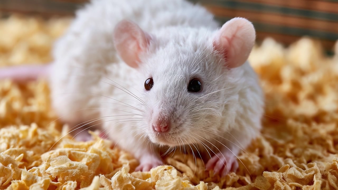 Curious White Mouse Exploring Its Cozy Bedding in a Close-Up, Showcasing Its Distinctive Features and Playful Nature in a Comfortable Environment
