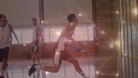 Animation-Des-Netzwerks-Von-Verbindungen-Während-Eines-Basketballspiels-Im-Fitnessstudio