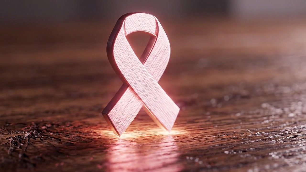 Un bellissimo nastro rosa che simboleggia la consapevolezza e il supporto per le cause sanitarie, su una superficie di legno che ne mostra il design testurizzato e la presenza significativa.