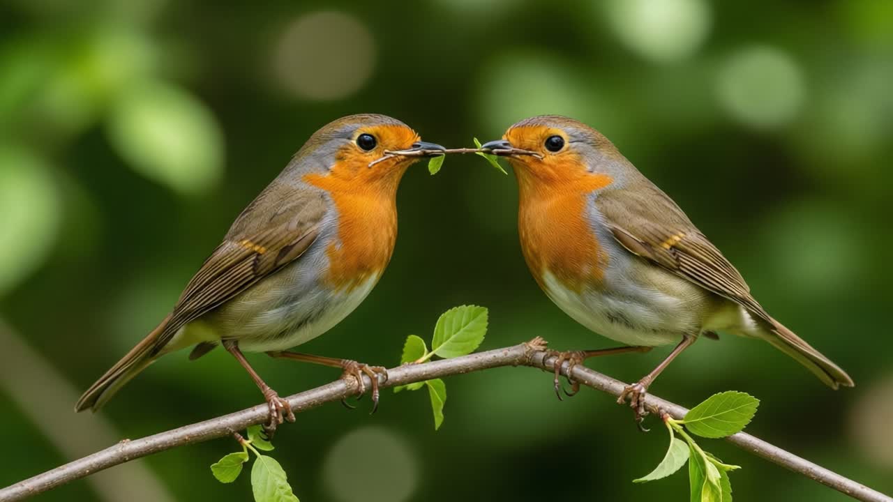 Due bellissimi uccelli che condividono una foglia in un paesaggio verdeggiante, a simboleggiare la connessione e l'armoniosa bellezza della natura.