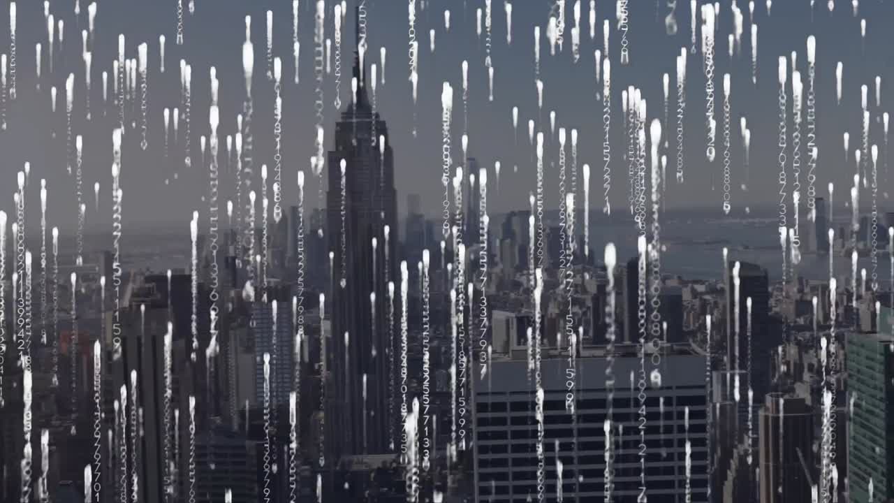 Animation of binary coding over cityscape