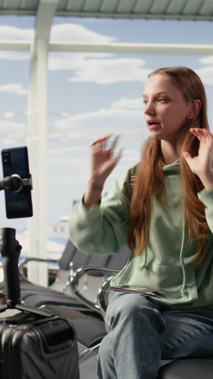 Vertical Video Gen Z girl influencer, recording live broadcast, with smartphone in airport