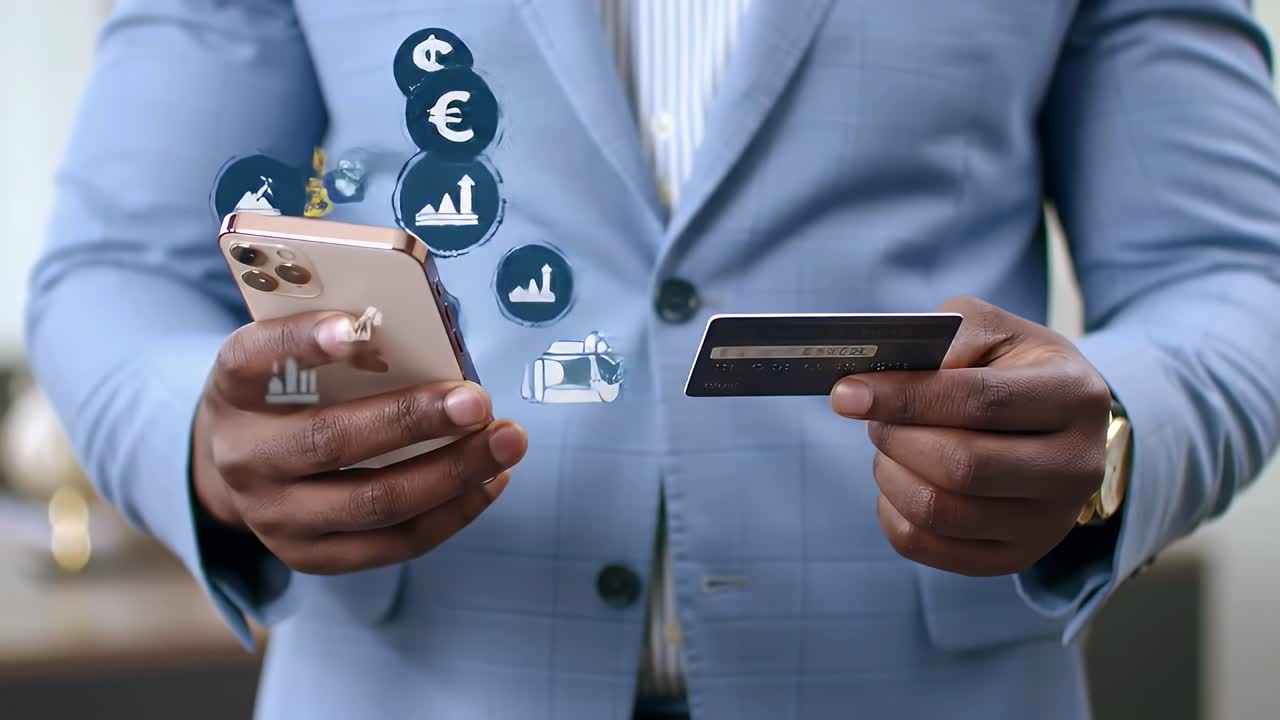 Businessman Using Smartphone and Credit Card for Secure Online Financial Transactions with Holograms
