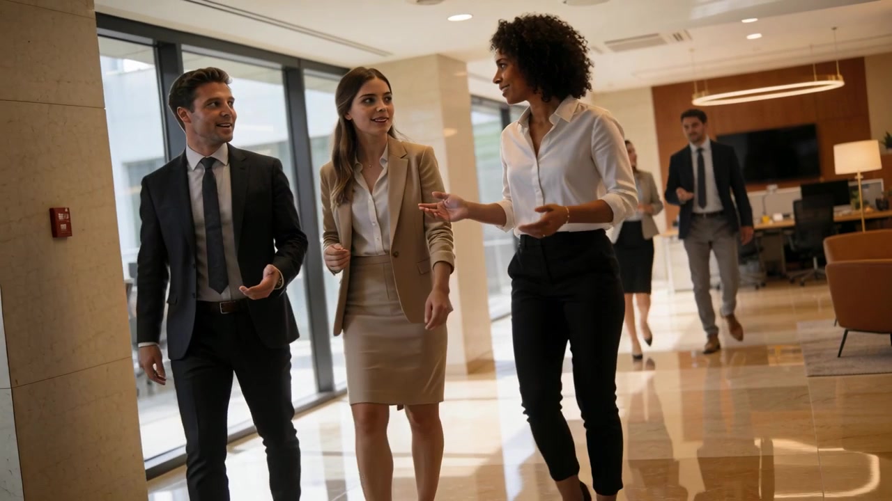 Approaching from left, business team walking and discussing toward office, carrying bag