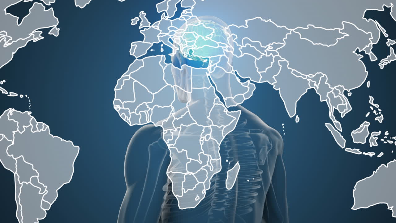 파란색 배경에 있는 인간 모델 위에 있는 세계 지도의 애니메이션