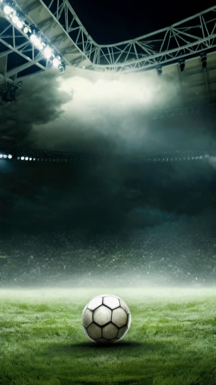 Drammatica inquadratura dal basso di un pallone da calcio su un campo nebbioso sotto le luci di uno stadio