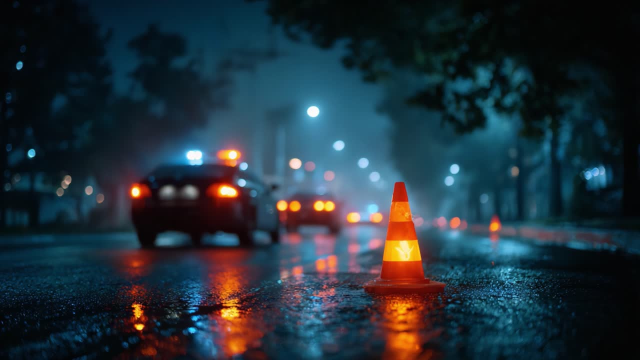 A serene nighttime scene showcasing a road barricade, illuminated by the glow of emergency vehicle lights, surrounded by a wet city street reflecting atmospheric colors