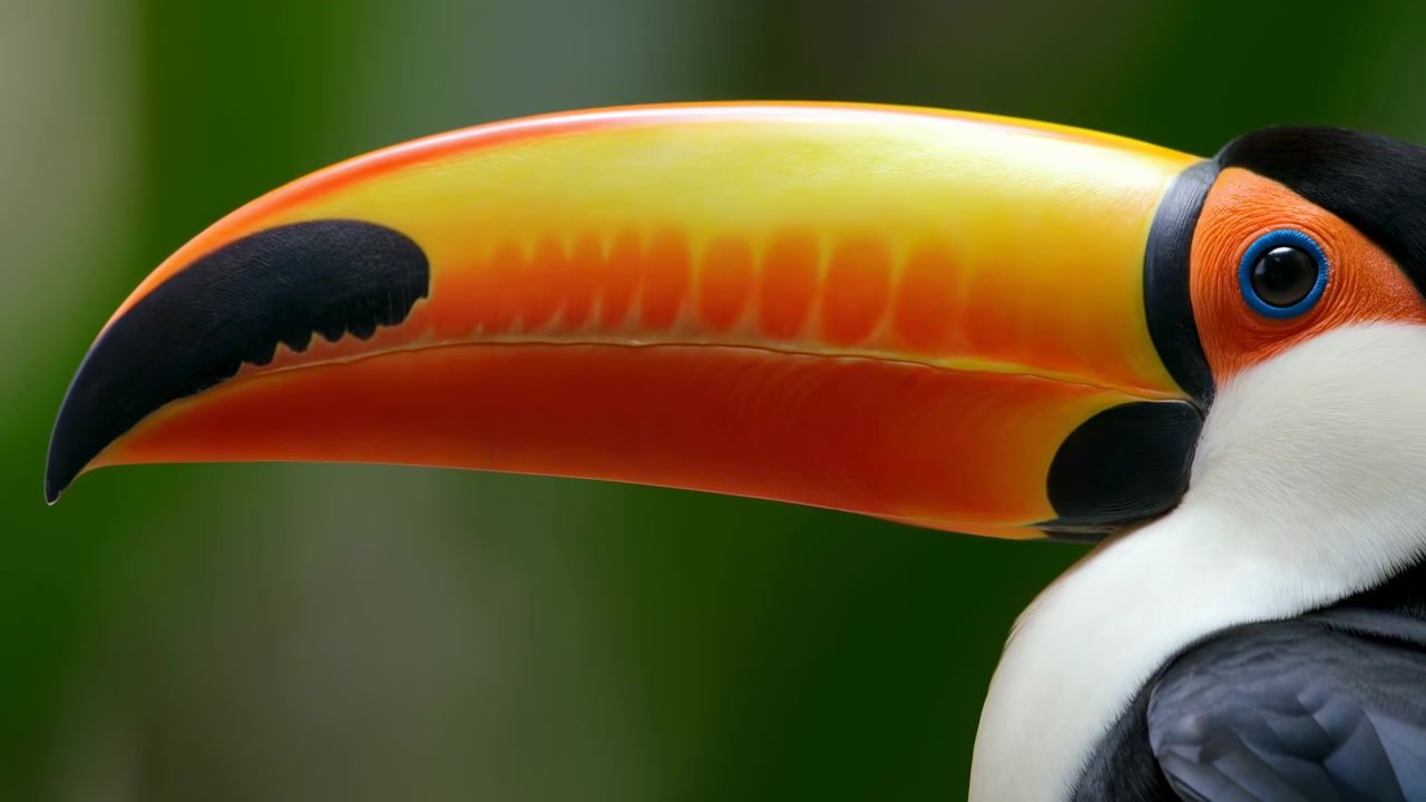 Close-up do Bico de Tucano em Retrato Vibrante da Floresta Tropical, Bico Brilhante Laranja e Amarelo, Anel Ocular Azul, Garganta Branca.