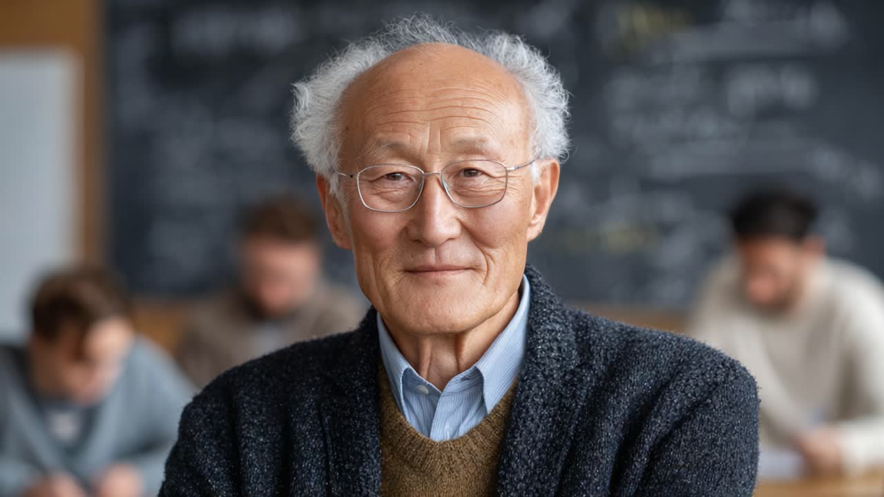 An Endearing Elderly Professor with Wise Eyes Sharing Knowledge in a Classroom Filled with Students Engaged in Learning and Exploration