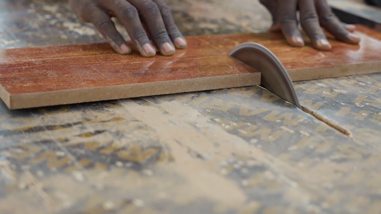 Primo piano di mani che guidano un'asse attraverso la lama della sega, avanzamento costante su un tavolo impolverato, bordo del compensato che incontra la lama metallica circolare con particelle visibili, azione concentrata in officina e controllo misurato