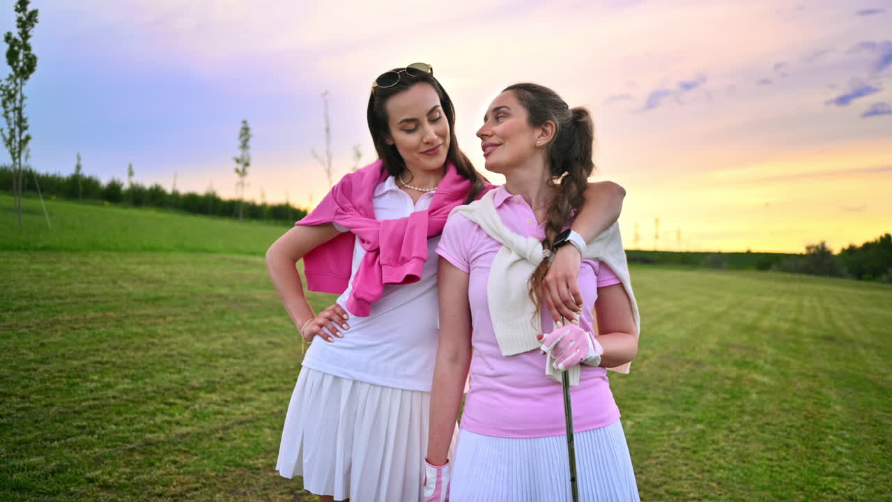 Two women dressed in white and pink clothes talking on the golf course