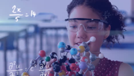 animation of mathematical equations over biracial schoolgirl during chemistry lesson