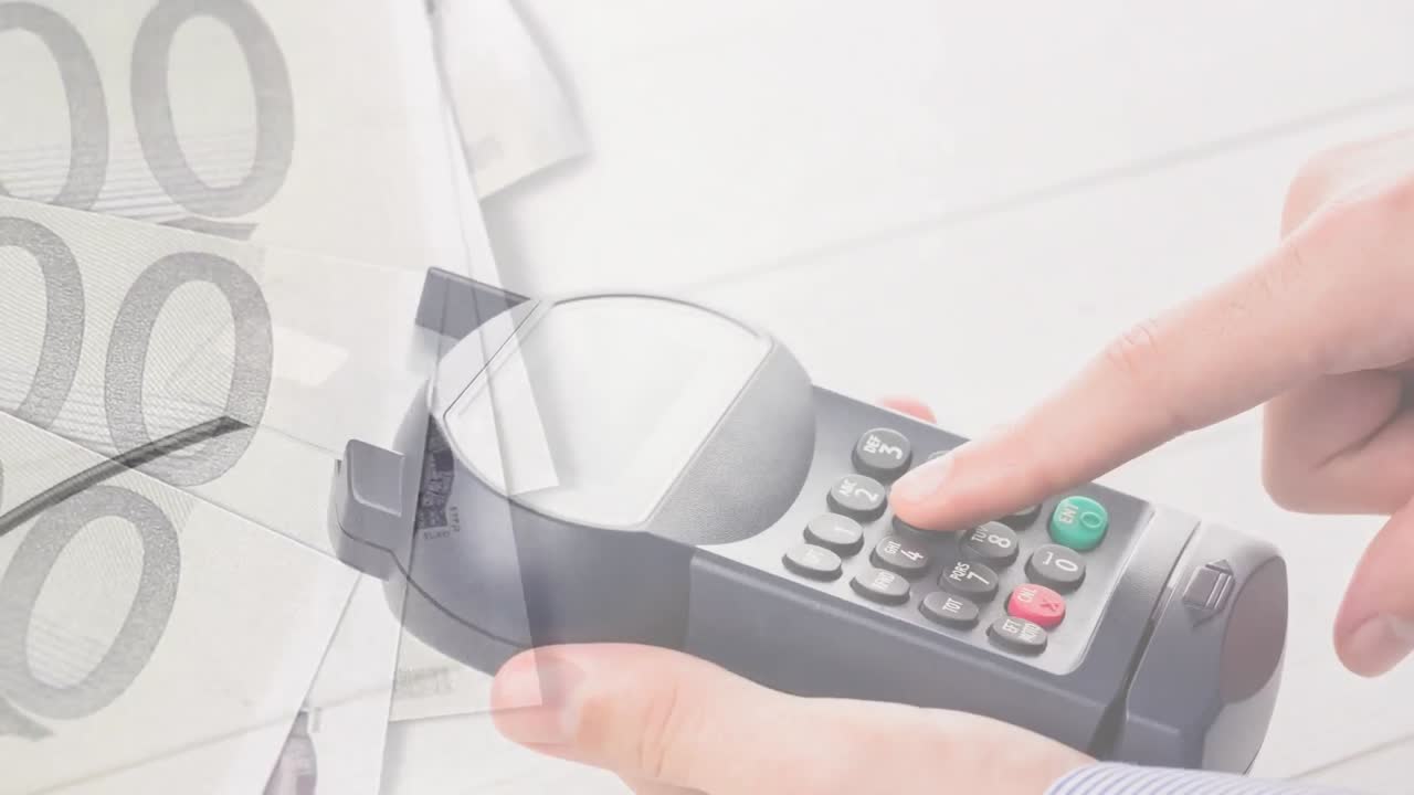 유로 지폐가 결제 터미널을 들고 있는 백인 남자의 손에서 떨어지는 애니메이션