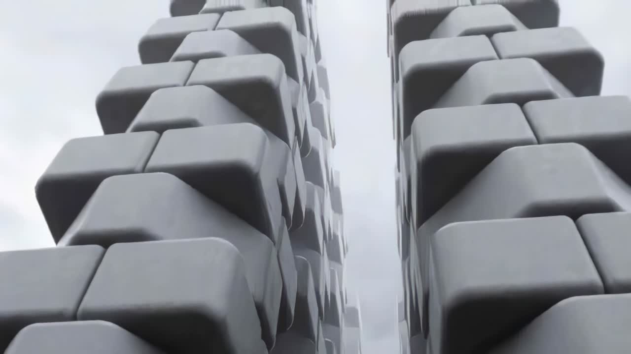 Telecamera che si allontana rivelando due alte torri modulari parallele contro un cielo coperto, mostrando il ritmo.