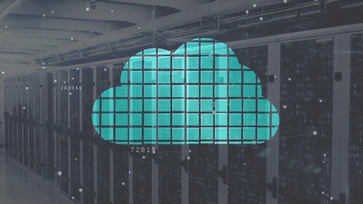 Turquoise squares appearing from left aligning into cloud icon amid server racks showing data flow