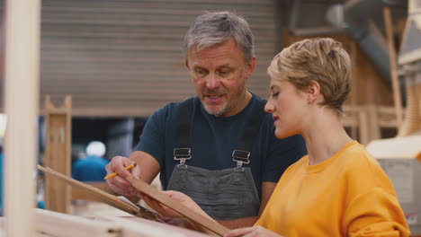 female apprentice learning skills from mature male carpenter in furniture workshop