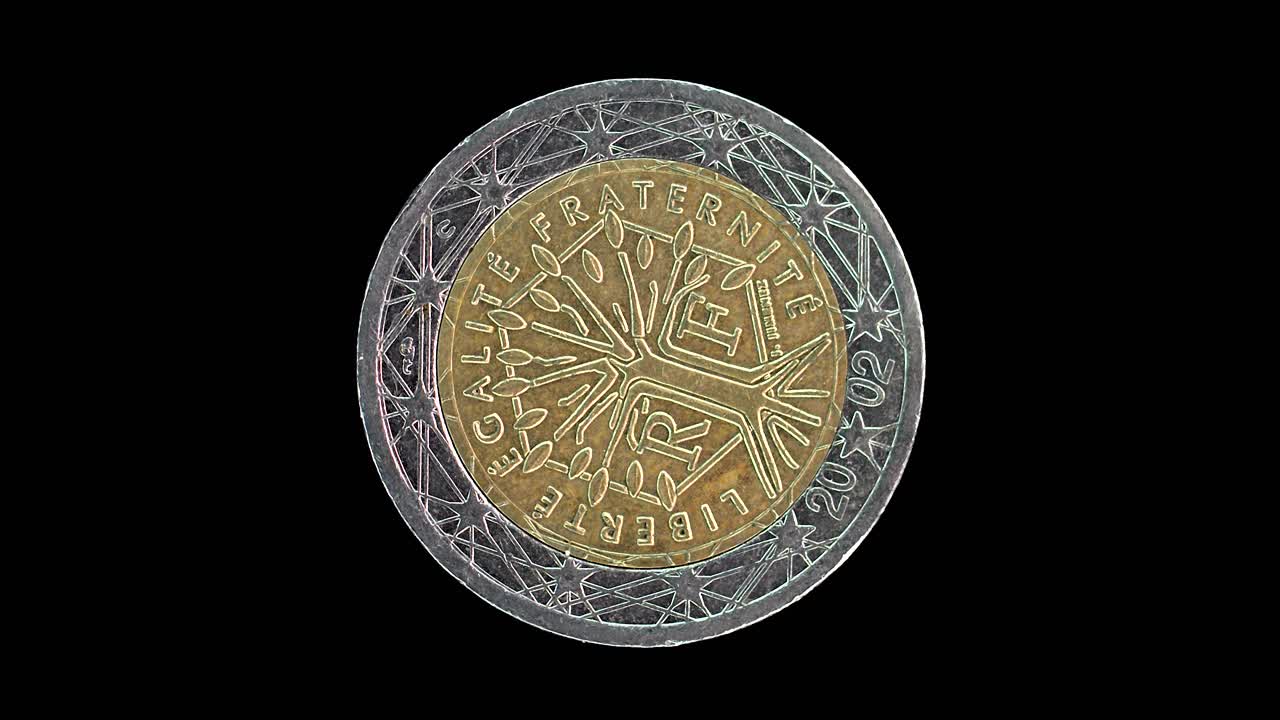 France 2002 2 euro obverse with tree of life and motto rotating on black background
