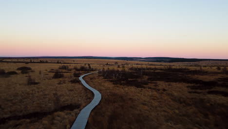 Winding-wooden-pathway-leading-through-meadow-flatlands,-aerial-view