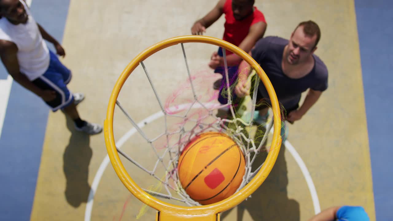 Player dribbling once and charging rim to score basket in sports, featuring animated path line