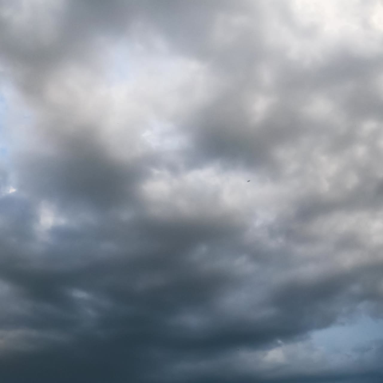 Big grey cloud in the blue summer sky. Rainy cloudscape accumulating in the atmosphere. Low angle view. Timelapse