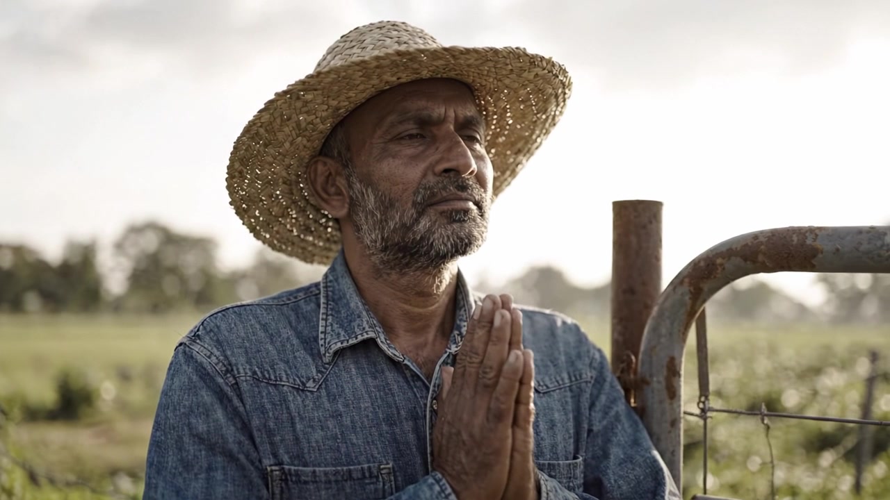 Un granjero contemplativo con sombrero de paja permanece en silencio junto a un portón abierto, reflexionando sobre su día en el paisaje sereno mientras la luz dorada del atardecer baña el campo