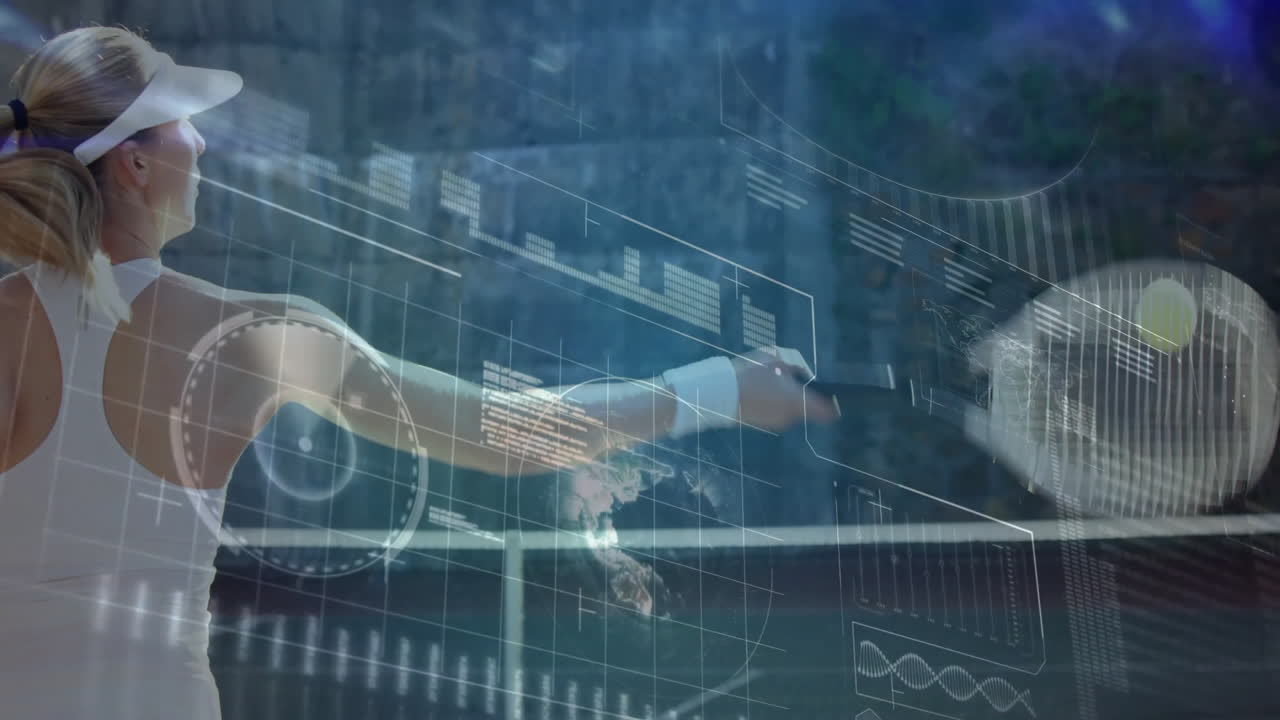 female tennis player swinging racquet near net showcasing tech with HUD charts and world map