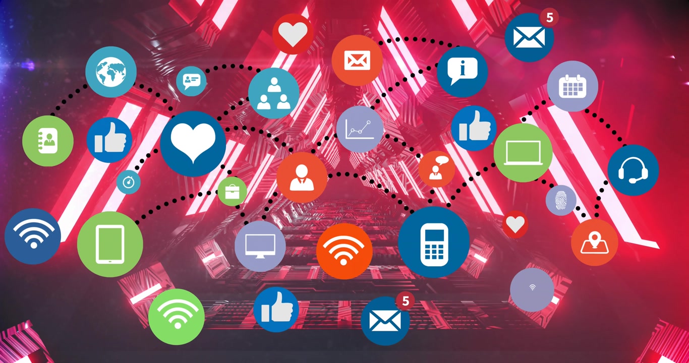 Animação de ícones de mídia sobre túnel digital