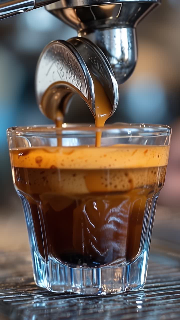 Preparare l'Espresso Perfetto: Un viaggio passo dopo passo dalla ricca estrazione a una delizia cremosa e stratificata in un bicchiere trasparente.