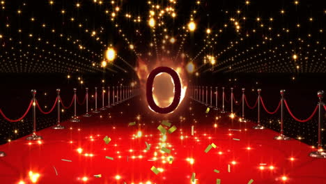 animation of burning zero over confetti and red carpet