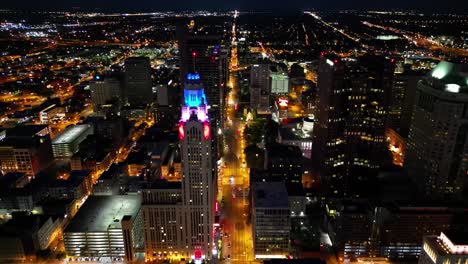 aerial downtown night - leveque tower - columbus, ohio